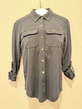 Lauren Ralph Lauren Charcoal Gold Button Roll Tab Shirt Petite XS